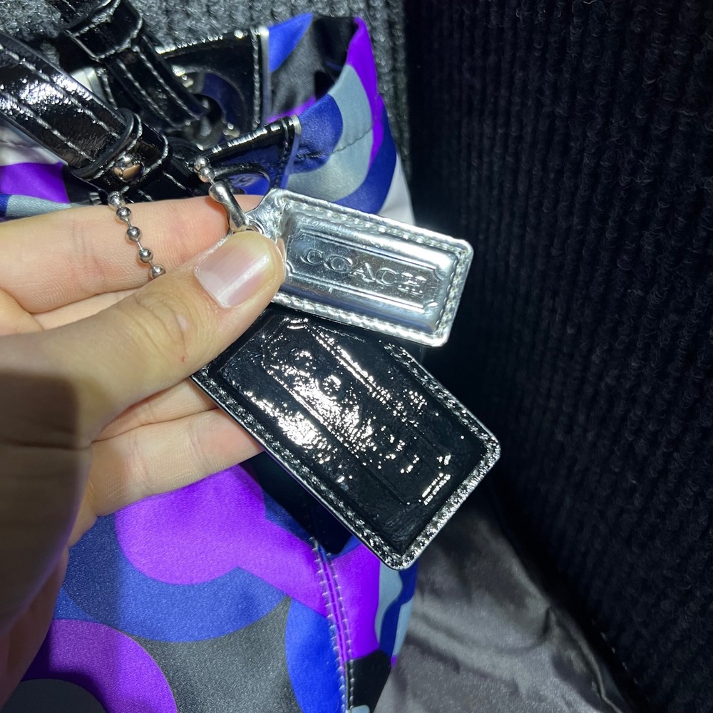 Coach Alex OP Tote Purple Blue C Logo Nylon Patent Trim 14398 Bag Multiprint - Picture 2 of 15